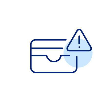 Credit card wallet, exclamation mark and triangle. Security warning, danger of fraud. Payment warning. Pixel perfect, editable stroke vector iconのイラスト素材