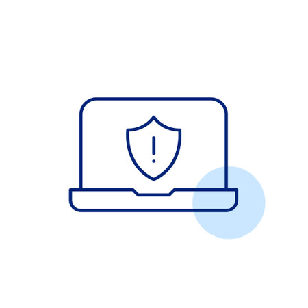 Laptop with security alert on screen. Digital presence protection, urgent action reminder. Pixel perfect, editable stroke vector iconのイラスト素材