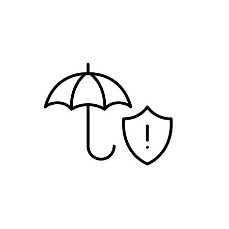 Open umbrella and security shield with exclamation mark. Extensive insurance coverage. Safety warning, potential risks alert. Pixel perfect, editable stroke vector iconのイラスト素材