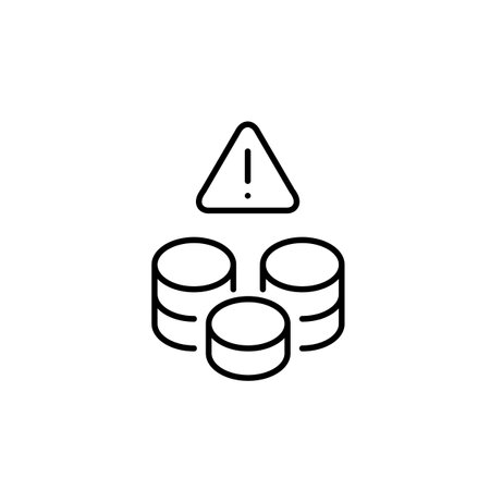Stack of coins, alert message. Exclamation mark in triangle. Financial warning, monetary transactions danger. Pixel perfect, editable stroke vector iconのイラスト素材