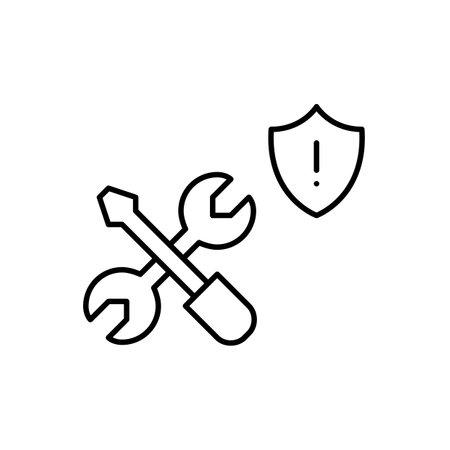 Wrench and screwdriver. Security shield and exclamation mark. System critical error notice. Danger alert. Pixel perfect, editable stroke vector iconのイラスト素材