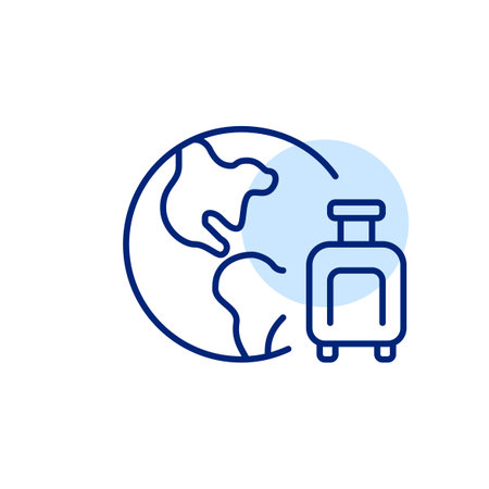Earth and wheeler suitcase. Global travel. International flight luggage. Pixel perfect, editable stroke vector iconのイラスト素材