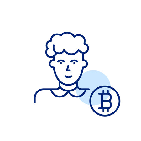 Middle aged woman and bitcoin symbol. Cryptocurrency users of all ages. Accessibility for all demographics. Pixel perfect, editable stroke vector iconのイラスト素材