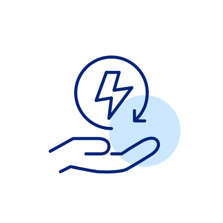 Lightning in renew arrow and hand. Environment conservation action, use of green energy sources. Pixel perfect, editable stroke vector iconのイラスト素材