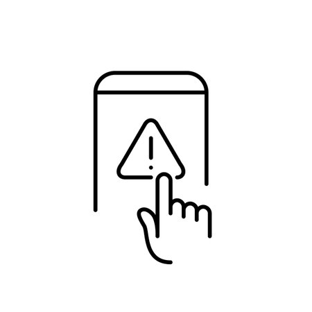 Finger clicking on emergency alert symbol on phone. Caution regarding suspicious or unsafe calls. Critical system error. Pixel perfect, editable stroke vector iconのイラスト素材