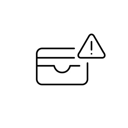 Card wallet and exclamation mark in triangle. Urgent financial transaction notification. Credit card and account data protection. Pixel perfect, editable stroke vector iconのイラスト素材