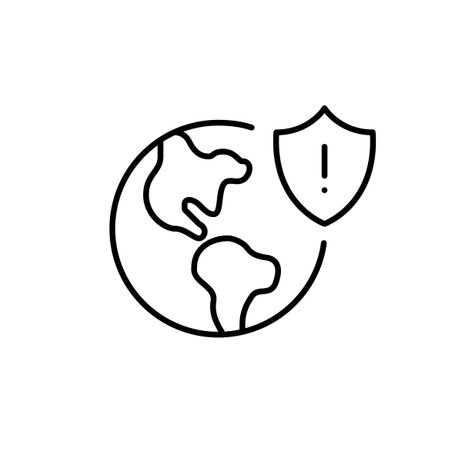 Earth and insurance shield with exclamation mark. Global risk alert, environmental hazard. Pixel perfect vector iconのイラスト素材