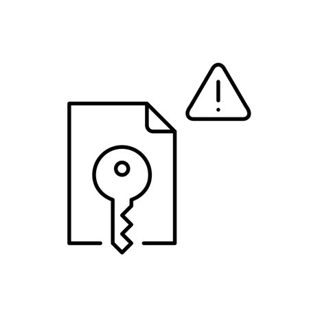 File, key, exclamation mark in triangle. Critical data protection notice, sensitive information. Document access warning. Pixel perfect, editable stroke vector iconのイラスト素材