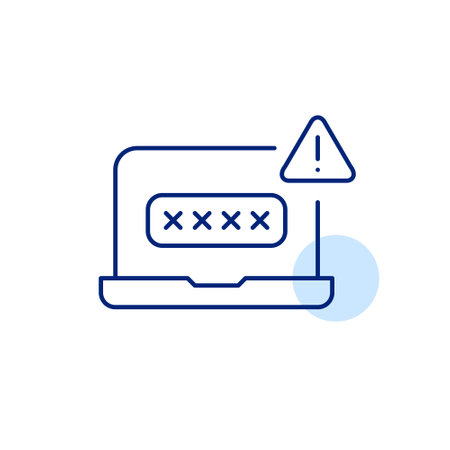 Password in input box covered by asterisks on laptop. Login protection warning, weak password risk alert. Unauthorized authentication attempt. Pixel perfect, editable stroke vector iconのイラスト素材