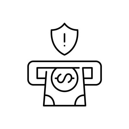 Dollar bill in ATM slot, security shield and exclamation mark. Warning for cash out transactions, importance of fraud prevention. Pixel perfect, editable stroke vector iconのイラスト素材