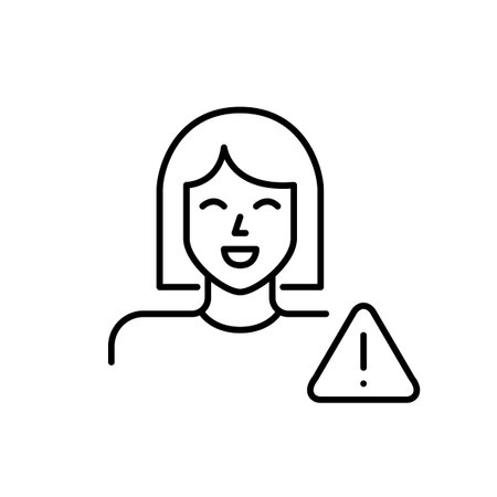 Female user and hazard alert. Exclamation mark in triangle. System user notification, secure online presence and personal data protection. Pixel perfect, editable stroke vector iconのイラスト素材