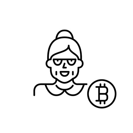 Older woman wearing glasses and bitcoin symbol. Cryptocurrency users of all ages. Accessibility for all demographics. Pixel perfect, editable stroke vector iconのイラスト素材
