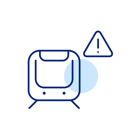 Subway train and hazard alert symbol. Exclamation mark in triangle. Transit system safety warning, accident emergency notification. Passenger risks and security. Pixel perfect, editable stroke iconのイラスト素材