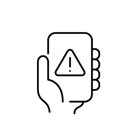 Hand holding phone with exclamation mark in triangle. Error message, urgent alert, immediate attention needed. Pixel perfect vector iconのイラスト素材