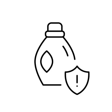 Liquid laundry detergent, shield and exclamation mark. Toxic cleaning products alert. Cautious handling. Pixel perfect, editable stroke iconのイラスト素材