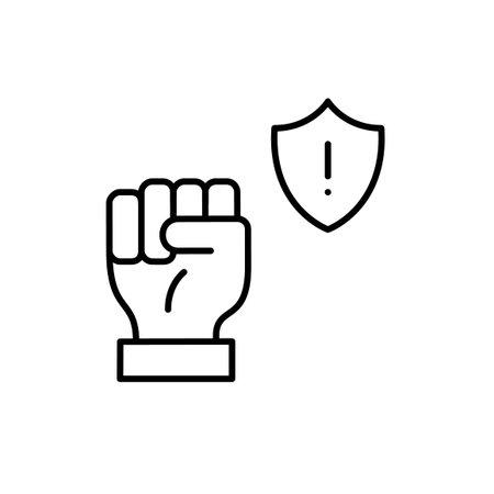 Raised fist and shield with exclamation mark. Power of collective action while cautioning against potential dangers. Pixel perfect, editable stroke vector iconのイラスト素材