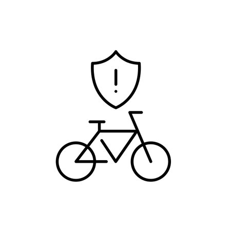 Bicycle, shield and exclamation mark. Road accident risks, cyclist safety and possible hazards. Pixel perfect, editable stroke vector iconのイラスト素材