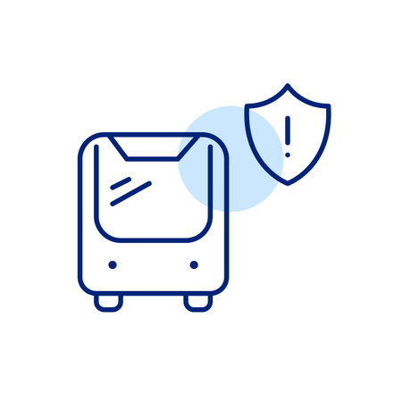 Bus, shield and exclamation mark. Public transport safety, danger notifications. Transit system security warning. Pixel perfect, editable stroke vector iconのイラスト素材