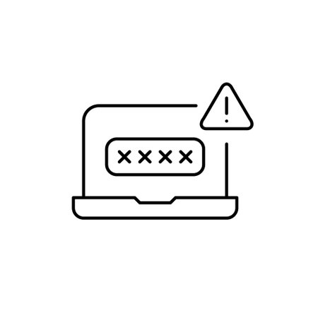 Password in input box covered by asterisks on laptop. Login protection warning, weak password risk alert. Unauthorized authentication attempt. Pixel perfect, editable stroke vector iconのイラスト素材