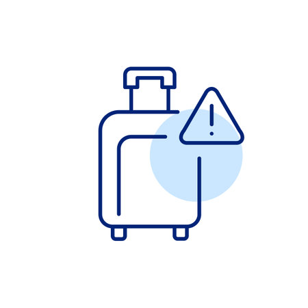 Wheeler luggage and hazardous alert. Prohibited goods, carry on baggage restrictions. Pixel perfect, editable stroke vector iconのイラスト素材