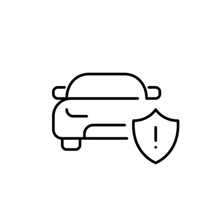 Car and shield with exclamation mark. Safety restrictions, roadside assistance insurance. Pixel perfect, editable stroke vector iconのイラスト素材