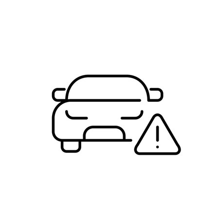 Car front view and exclamation mark on triangle. Road accident, safety warning. Pixel perfect, editable stroke vector iconのイラスト素材
