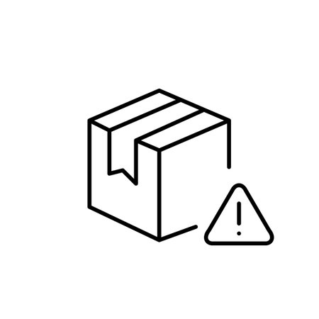 Parcel and danger alert with exclamation mark. Hazardous items, risk of damage in transit, fragile package warning. Pixel perfect, editable stroke vector iconのイラスト素材