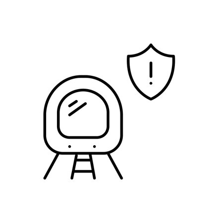 Subway train, shield and exclamation mark. Road and transport safety, danger notifications. Transit system security warning. Pixel perfect, editable stroke vector iconのイラスト素材
