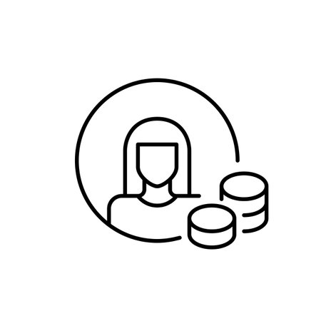 Woman avatar with stacks of coins. Personal account balance. Pixel perfect, editable stroke vector iconのイラスト素材