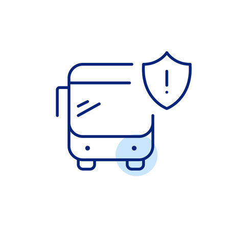 Public bus, shield and exclamation mark. Road and transport safety, danger notifications. Transit system security warning. Pixel perfect, editable stroke vector iconのイラスト素材