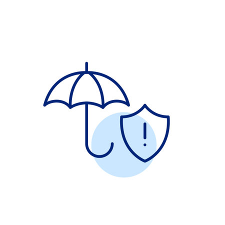 Open umbrella and security shield with exclamation mark. Extensive insurance coverage. Safety warning, potential risks alert. Pixel perfect, editable stroke vector iconのイラスト素材