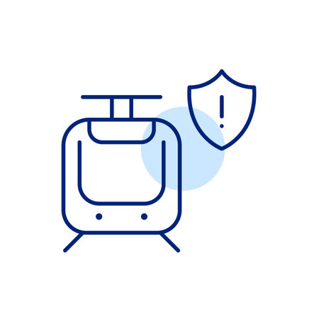 Tram, shield and exclamation mark. Road and transport safety, danger notifications. Transit system security warning. Pixel perfect, editable stroke vector iconのイラスト素材