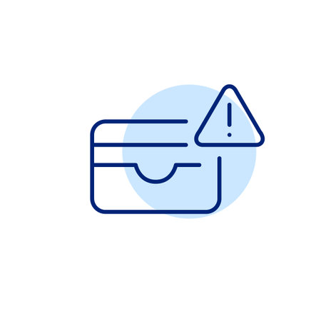 Card wallet and exclamation mark in triangle. Urgent financial transaction notification. Credit card and account data protection. Pixel perfect, editable stroke vector iconのイラスト素材