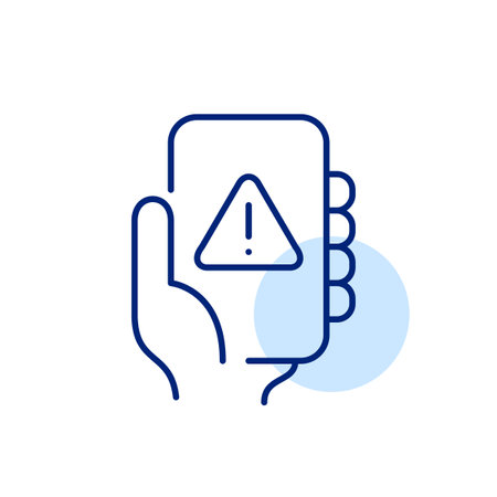 Hand holding phone with exclamation mark in triangle. Error message, urgent alert, immediate attention needed. Pixel perfect, editable stroke vector iconのイラスト素材