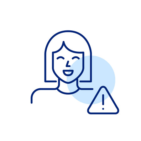 Female user and hazard alert. Exclamation mark in triangle. System user notification, secure online presence and personal data protection. Pixel perfect, editable stroke vector iconのイラスト素材
