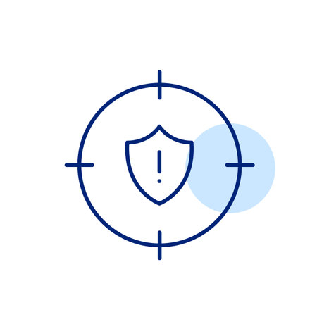 Security shield with exclamation mark in target. Alert for potential vulnerabilities or the need for enhanced protection. Pixel perfect, editable stroke vector iconのイラスト素材