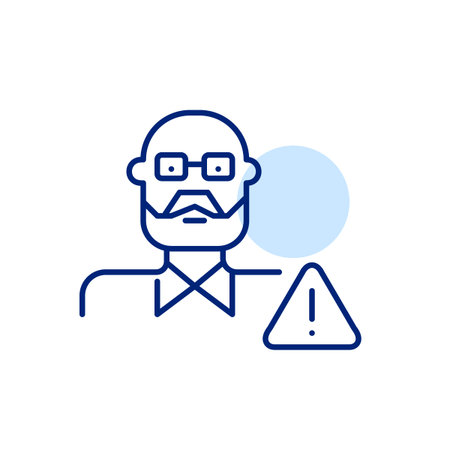 Elderly care alert. Critical issue or reminder related to senior care. Older man with glasses and beard and exclamation mark in triangle. Pixel perfect, editable stroke vector iconのイラスト素材