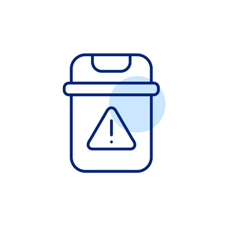 Garbage bin and exclamation mark in triangle. Hazardous waste, toxic trash warning. Proper disposal and management notice. Pixel perfect, editable stroke vector iconのイラスト素材