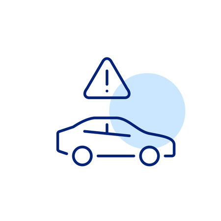 Side car view and triangle with exclamation mark. Road accident, traffic disruption. System error alert, urgent need for repair. Pixel perfect, editable stroke vector iconのイラスト素材