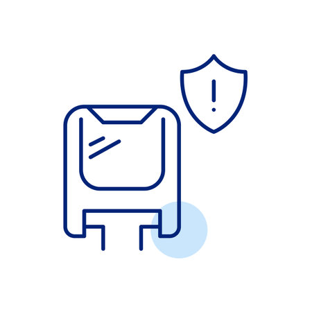 Monorail train, shield and exclamation mark. Road and transport safety, danger notifications. Transit system security warning. Pixel perfect, editable stroke vector iconのイラスト素材