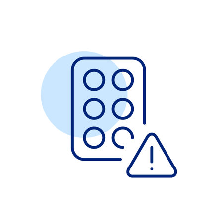 Medication hazard alert. Pharmaceutical safety, potential risk in drug handling or administration. Urgent notice. Pixel perfect, editable stroke vector iconのイラスト素材