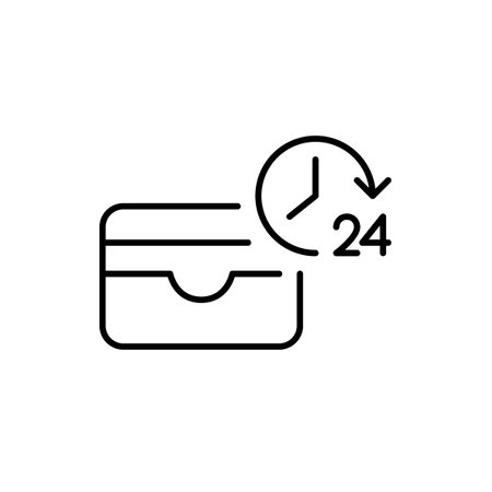 24 hours credit card wallet. Nonstop financial services and payments. Pixel perfect, editable stroke vector iconのイラスト素材