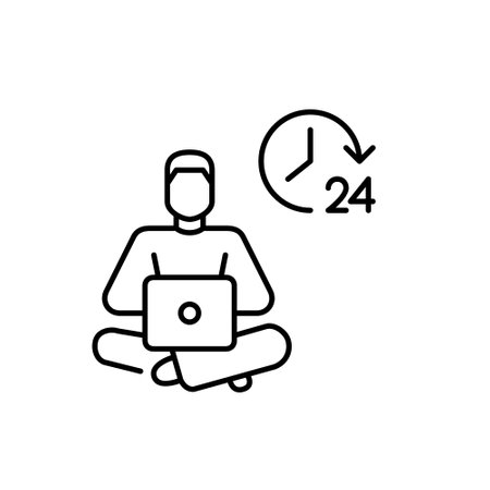 Man working remotely at laptop and 24 hours clock. Nonstop digital presence, freelance opportunities. Pixel perfect, editable stroke vector iconのイラスト素材