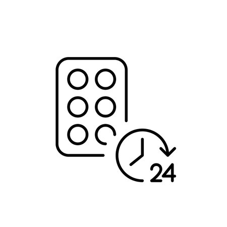 Blister of pills and 24 hours clock. Constant care and treatment, endless medication access. Pixel perfect, editable stroke vector iconのイラスト素材