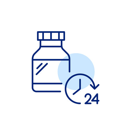 Medication bottle and 24 hours clock. Timeless pain relief, round the clock pharmacy access. Pixel perfect, editable stroke vector iconのイラスト素材