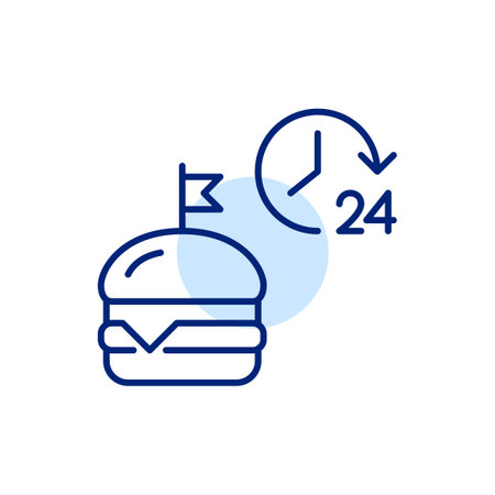 Cheeseburger and 24 hours symbol. Round the clock food delivery. Always available fast food chain. Pixel perfect, editable stroke vector iconのイラスト素材