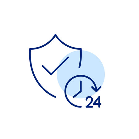 Security shield with checkmark and 24 hours symbol. Constant protection and safety. Pixel perfect, editable stroke vector iconのイラスト素材