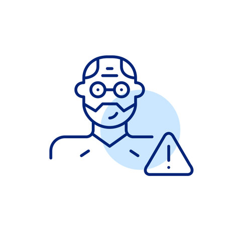 Emergency elderly warning. A grandma alongside a triangle with an exclamation mark, signifying an urgent situation involving senior person. Pixel perfect, editable stroke vector iconのイラスト素材