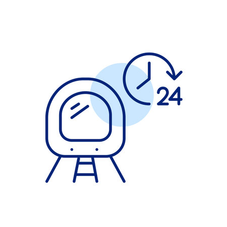 Subway train in underground tunnel and 24 hours symbol. Around the clock transportation and public transit. Pixel perfect, editable stroke vector iconのイラスト素材