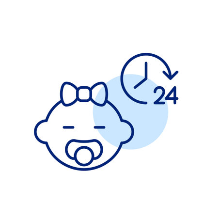 Baby girl with pacifier and 24 7 care symbol. Round the clock infant nursery and assistance. Pixel perfect, editable stroke vector iconのイラスト素材